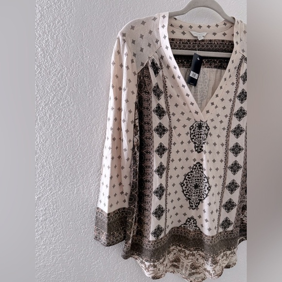 Lucky brand boho geometric 3/4 sleeve V-neck top cotton linen blend size small - Picture 5 of 12
